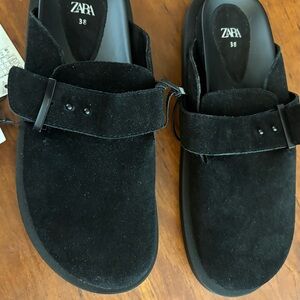 Women’s Zara Black Suede Buckle Slide Mules, Size 38